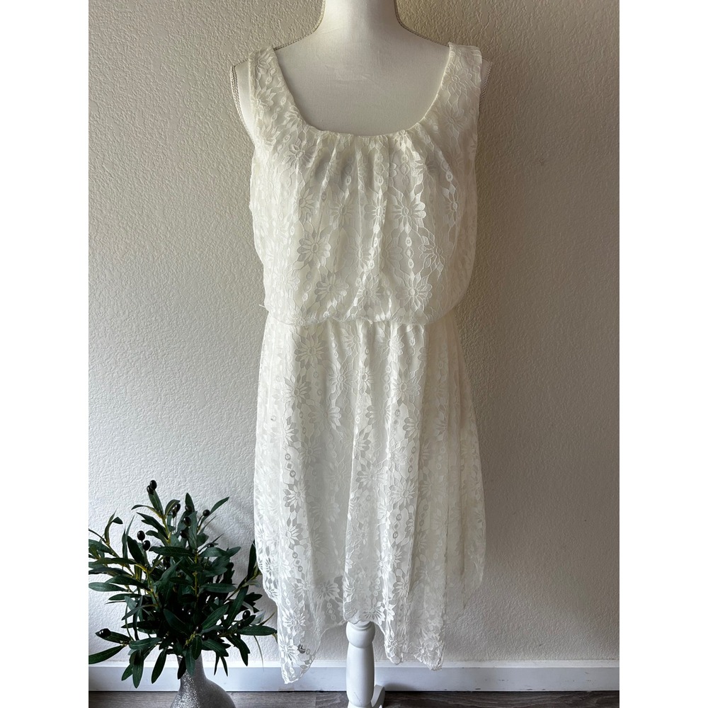 AUW Women Ivory Floral Lace Handkerchief Hem Blouson Dress XL White Sleeveless